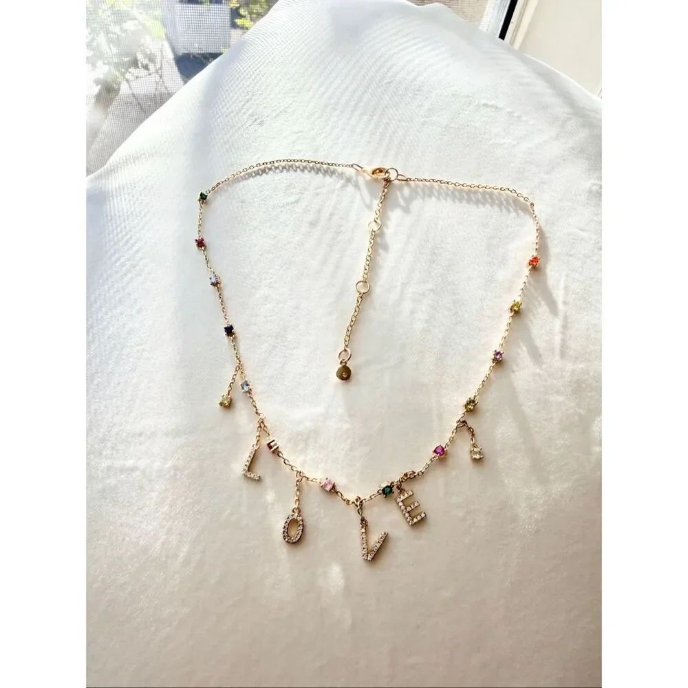 BaubleBar LOVE Charm Necklace Gold Multicolor Crystal Dainty